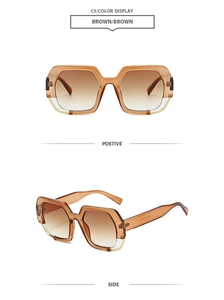 Front and side view of brown gradient oversized geometric sunglasses with translucent frames
