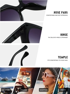 Détails de lunettes de soleil carrées avec charnières métalliques et branches ergonomiques