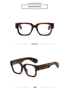 Detail view of square leopard print sunglasses with thick temples and two-tone design