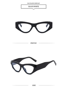 Detailed close-up of retro black cat-eye sunglasses featuring sleek geometric frames