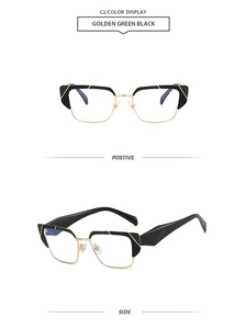 Vue détaillée des lunettes œil-de-chat demi-cerclées dorées, vertes et noires en métal