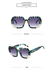 Detailed views of C6 polygonal tortoiseshell sunglasses with gradient purple lenses
