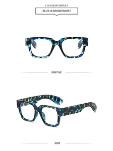Detail view of square blue leopard print sunglasses frames from front and side angles