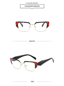 Détail d'une monture de lunettes demi-cerclée avec motif géométrique tricolore