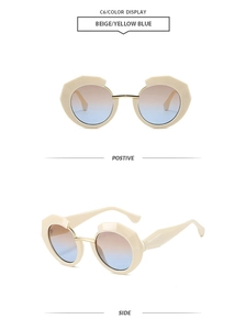 Beige geometric round sunglasses with yellow blue gradient lenses and diamond cut temples