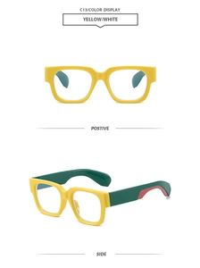 Detail view of colorful retro square frame sunglasses in yellow and green tones