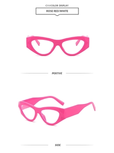 Detailed views of rose red geometric cat-eye frame glasses with clear lenses