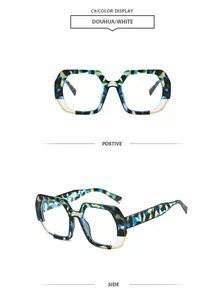 Detail of geometric polygonal sunglasses with tri-color marbled pattern and gold hinges
