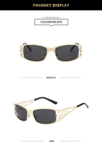 Détails de lunettes de soleil dorées avec branches évidées et cristaux latéraux