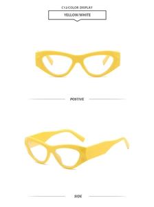 Close-up of bright yellow cat eye sunglasses with clear lenses in positive and side views