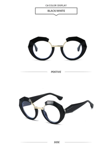 Close-up of geometric black frame and gold metal temple details on polygon sunglasses