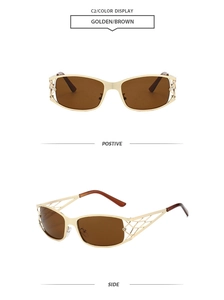 Détail de lunettes de soleil en métal doré évidé avec verres bruns et branches tressées