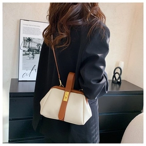 Detail of a retro cream frame bag with gold lock closure and leather handle