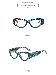 Detailed view of cat eye sunglasses in blue leopard print with wide temples