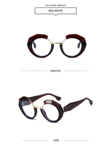 Detailed front and side views of geometric burgundy sunglasses with gold metal bridge