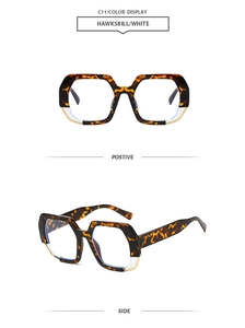 Detail view of large polygon sunglasses featuring hawksbill frames and stylish white accents