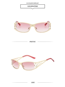 Vue détaillée des lunettes de soleil en métal doré évidé avec verres dégradés roses