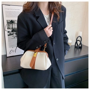 Canvas shell bag with brown leather trim and gold metal clasp shown on a model