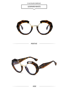 Detail of leopard print geometric sunglasses with gold metal bridge and sleek temples