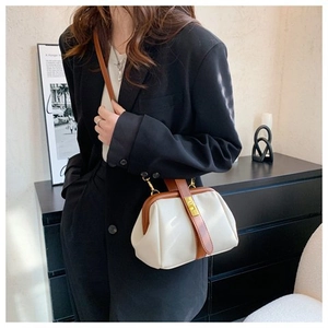 Close-up of vintage creamy shell bag with brown leather trim and golden metal lock