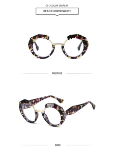 Detail view of mosaic pattern polygon sunglasses in purple, yellow, and white colors