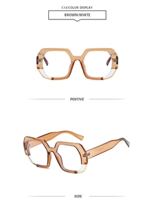 Detailed front and side view of brown polygonal oversized sunglasses with frame dimensions