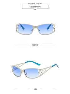 Détail macro de lunettes de soleil argentées avec verres dégradés bleus et branches à mailles