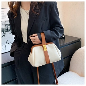 Detail of a contrast color shell bag with golden metal clasp and adjustable leather strap