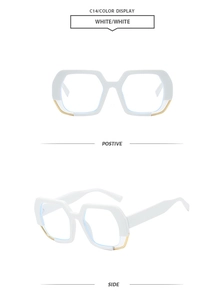 Detail of white geometric sunglasses frames with elegant gold metal inlay accents