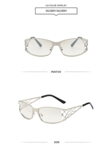 Vue détaillée de lunettes en métal argenté avec texture tissée ajourée sur les branches