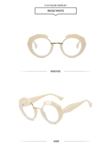 Front and side views of stylish beige geometric polygon sunglasses with metal bridge