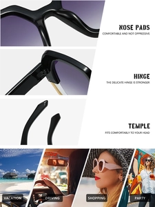 Detail view of reinforced hinges and nose pads on fashion oversized polygon sunglasses