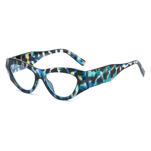 Retro cat-eye sunglasses with blue and yellow tortoiseshell frames in a 3/4 view