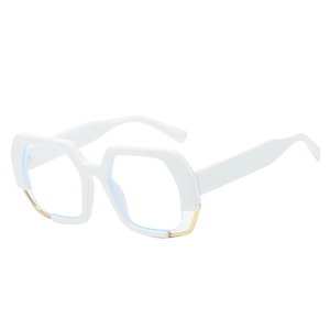 Fashionable white oversized hexagonal sunglasses with gold metal trim and blue light lenses