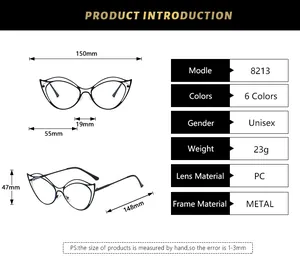 Tableau des tailles détaillé pour lunettes œil de chat en métal avec dimensions et poids