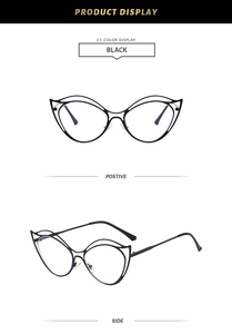 Vues de face et de profil d'une monture de lunettes œil-de-chat en métal noir ajouré