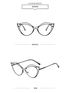 Vues détaillées de la monture de lunettes œil-de-chat marron ondulée de face et de profil
