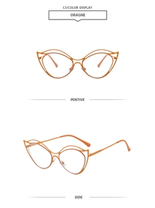 Détails avant et de côté de la monture de lunettes œil-de-chat orange en métal ajouré