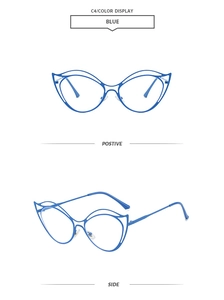 Vue de face et latérale d'une monture oeil-de-chat bleue en métal ajouré ondulé