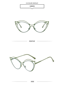 Détails de monture lunettes œil-de-chat irrégulière évidée en métal vert militaire