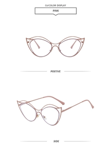 Monture de lunettes œil-de-chat rose C6 en métal, vues de face et de profil détaillées