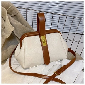 Detail of cream pebbled leather handbag with brown trim and gold lock buckle