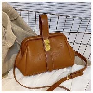 Detail of brown lychee grain leather shell bag featuring golden lock and metal frame