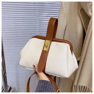 Detailed shot of cream and brown醫生 shell bag with lychee texture and gold clasp