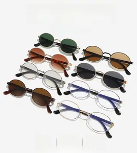 Matrix layout of vintage metal round sunglasses with colorful lenses and thin frames