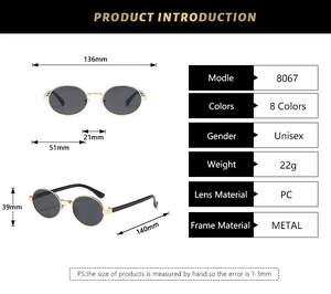Detailed size specifications for vintage oval sunglasses with metallic gold frames
