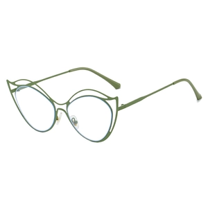Lunettes œil de chat en métal vert olive avec un design artistique ajouré de style aile
