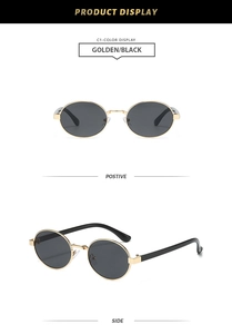 Front and side view of retro oval sunglasses with golden metal frames and black lenses