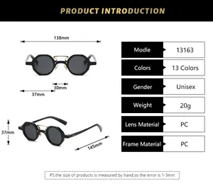 Detailed size chart showing frame dimensions of retro double bridge polygon sunglasses
