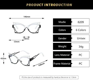 Size chart for stylish oversized butterfly cat-eye frames with full product dimensions